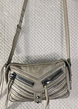 Borkier New York Gray Metallic Leather Crossbody Bag Studded Zip Pocket Shoulder